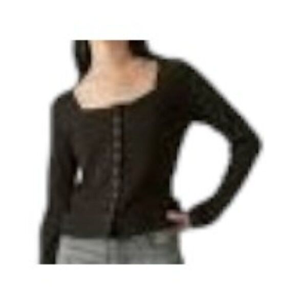 Lucky Brand Printed Pointelle Button-Front Sweater Top Jet Black Small NWT - Picture 1 of 1